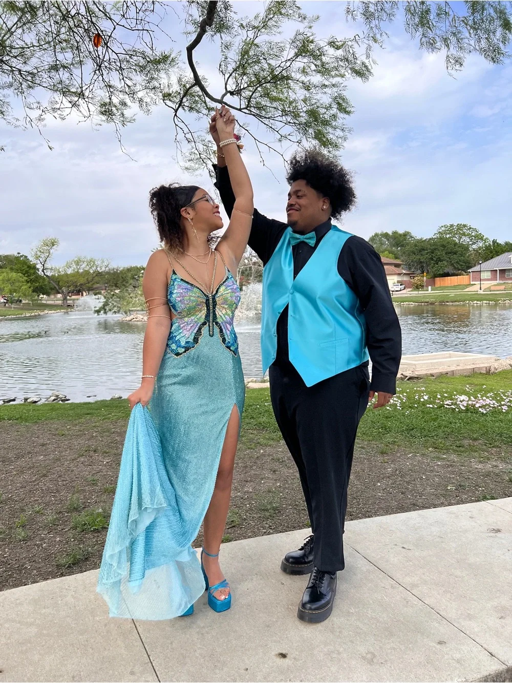Sherri Hill Blue Iridescent Butterfly Bodice Evening Gown - Picture 9 of 9